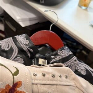 Embroidered Light Pink Studded Leather Jacket